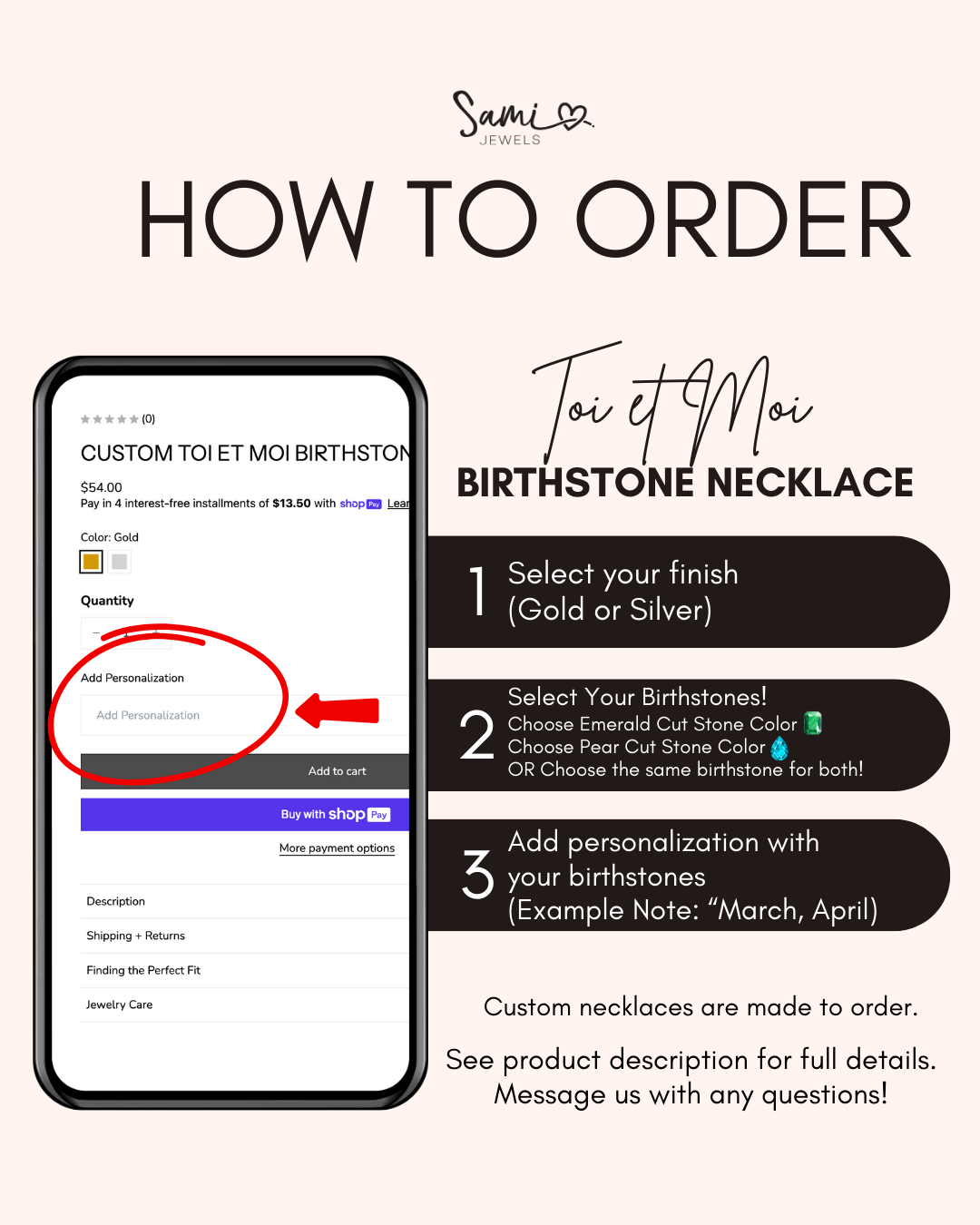 image showcasing how to order the custom toi et moi birthstone necklace