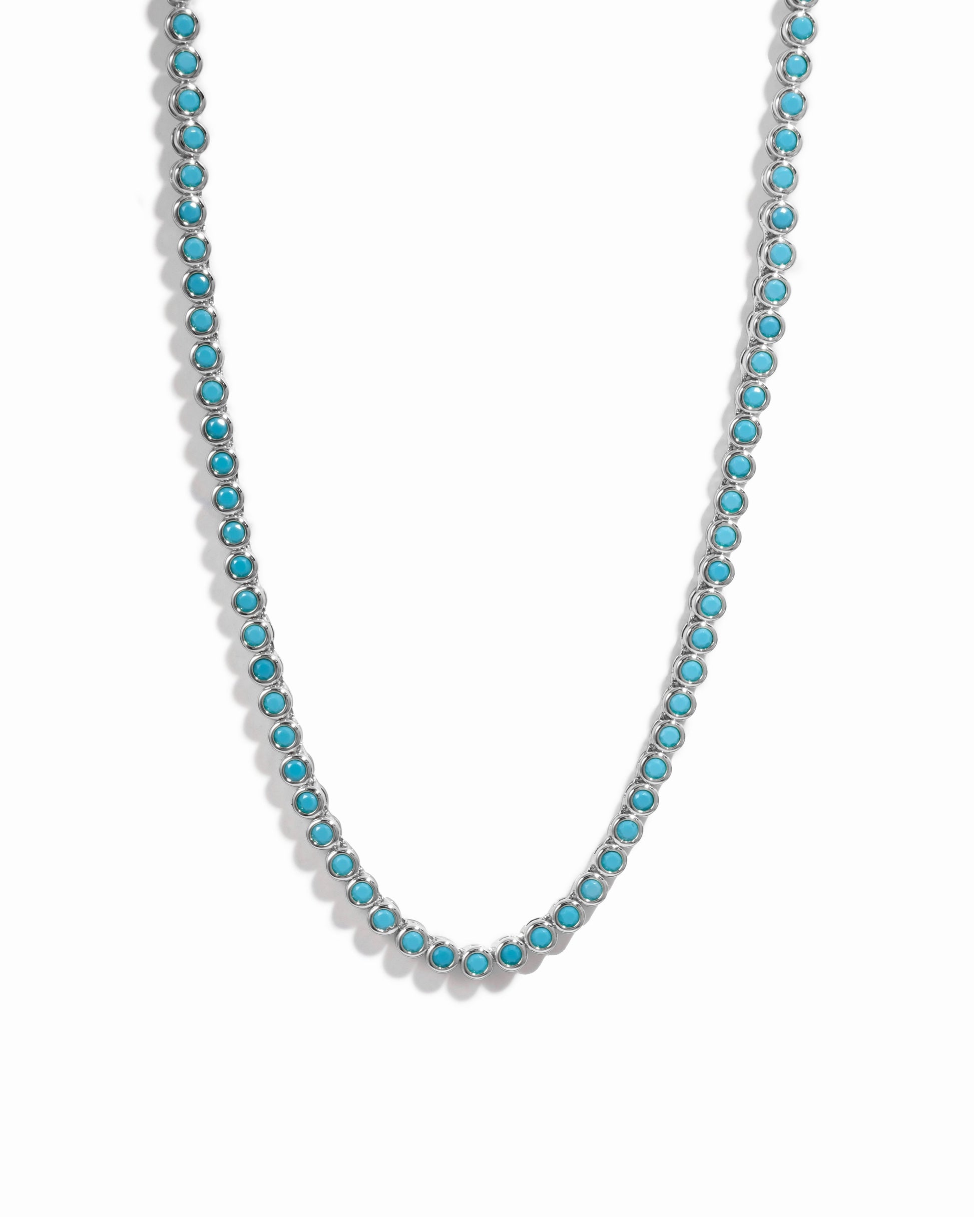 silver turquoise tennis necklace with bezel-set round stones