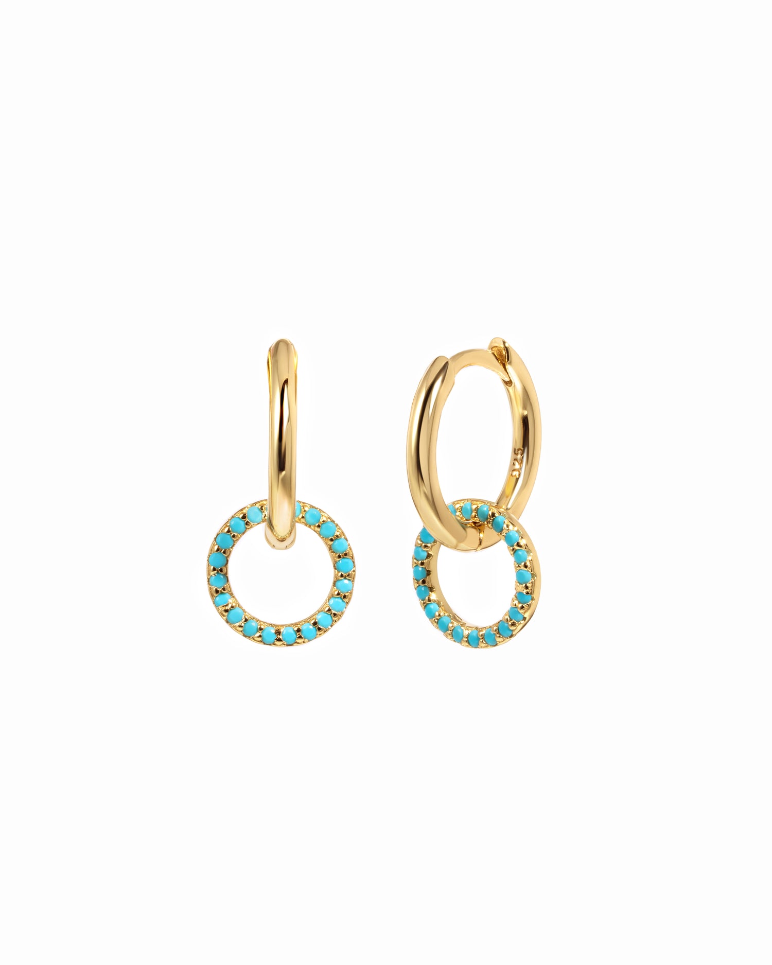 Gold hoop earrings with turquoise stones on a white background