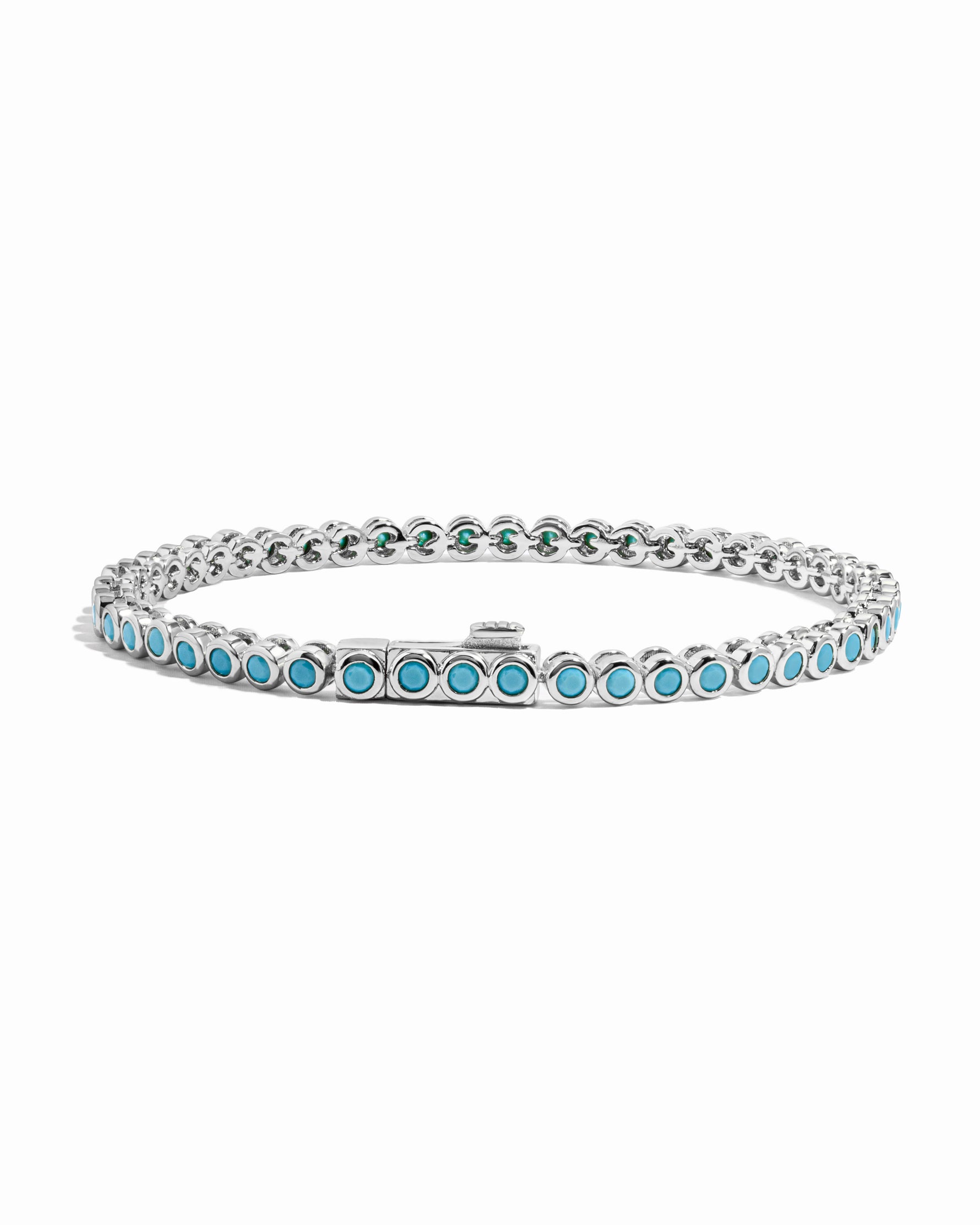 silver turquoise tennis bracelet with latch back clasp