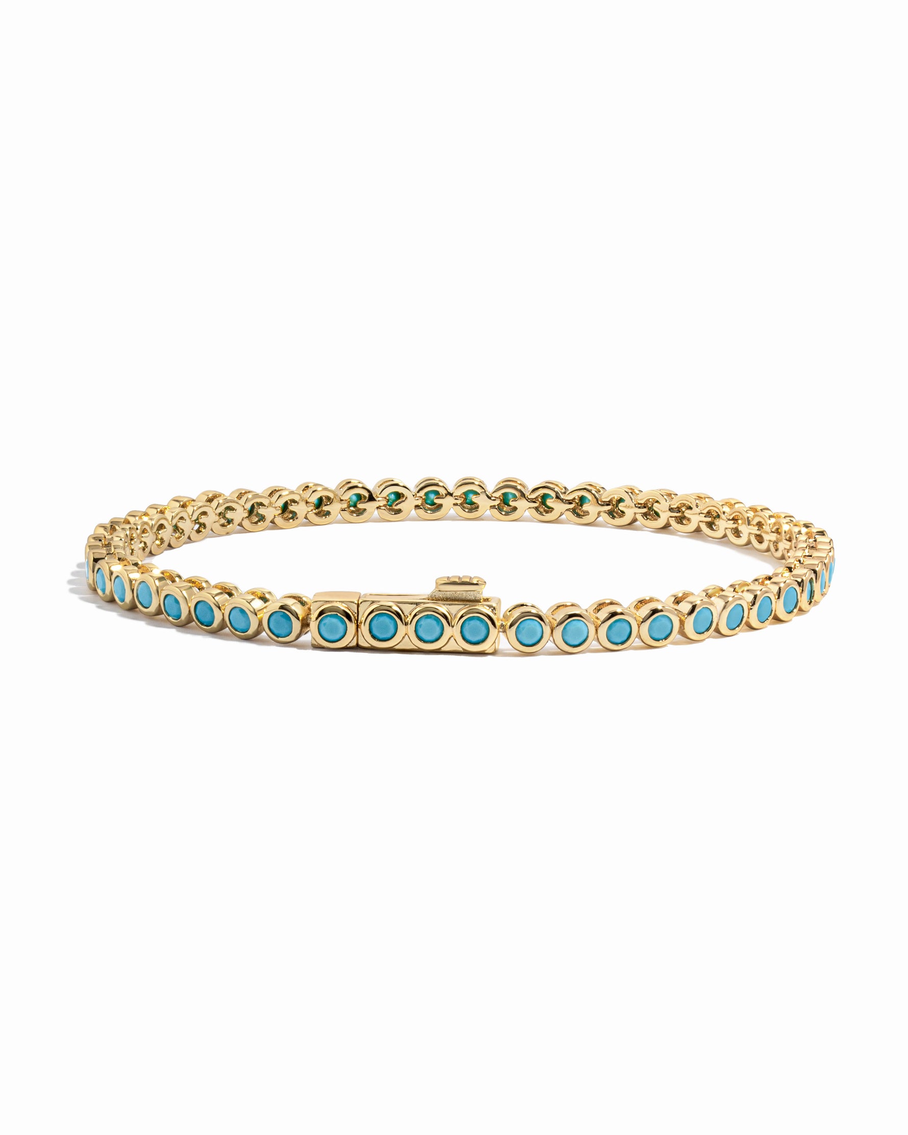 gold turquoise tennis bracelet with latch back closure clasp