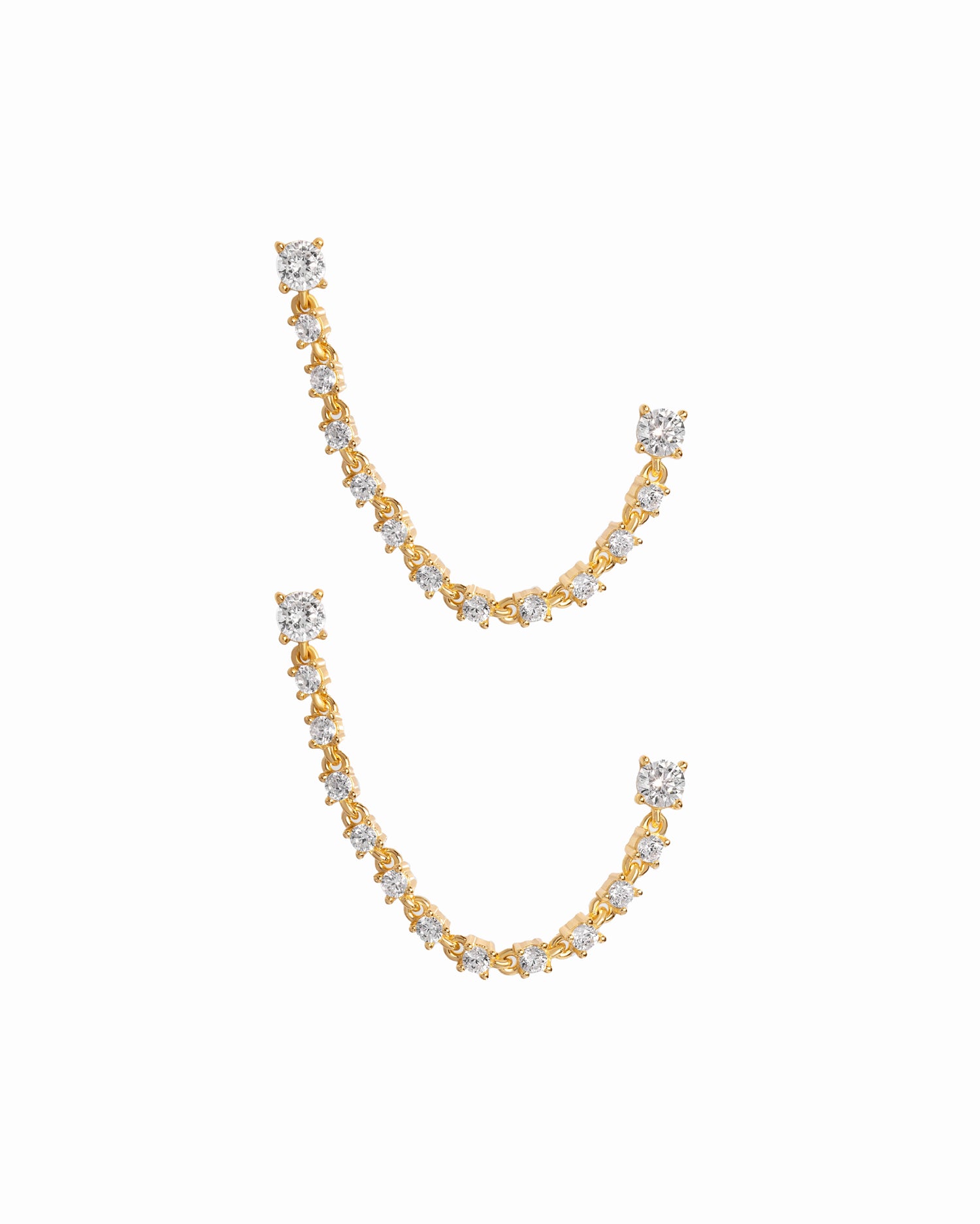 delicate stud earrings linking two-piercings with tennis chain design