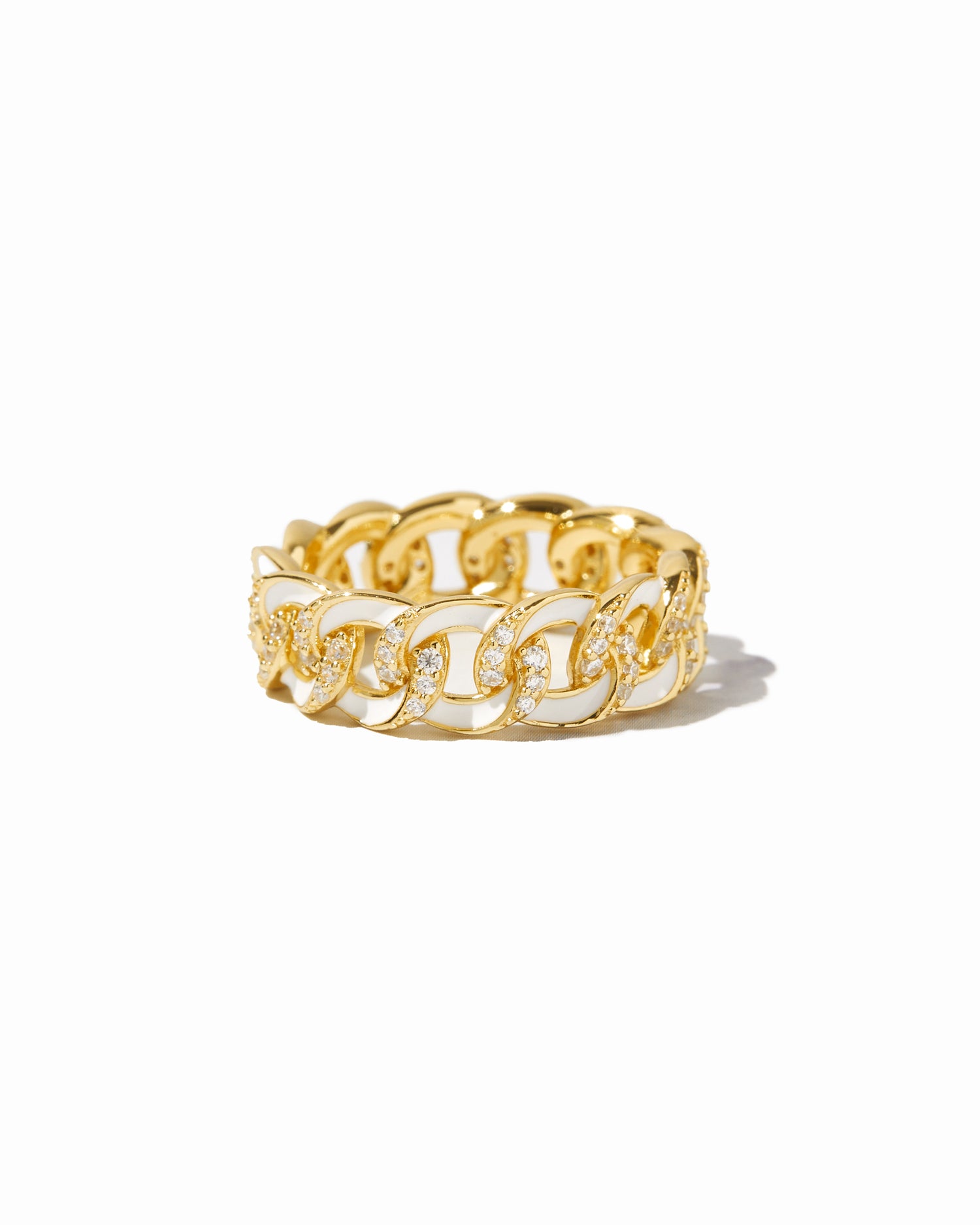 gold chain ring with cz stones and white enamel