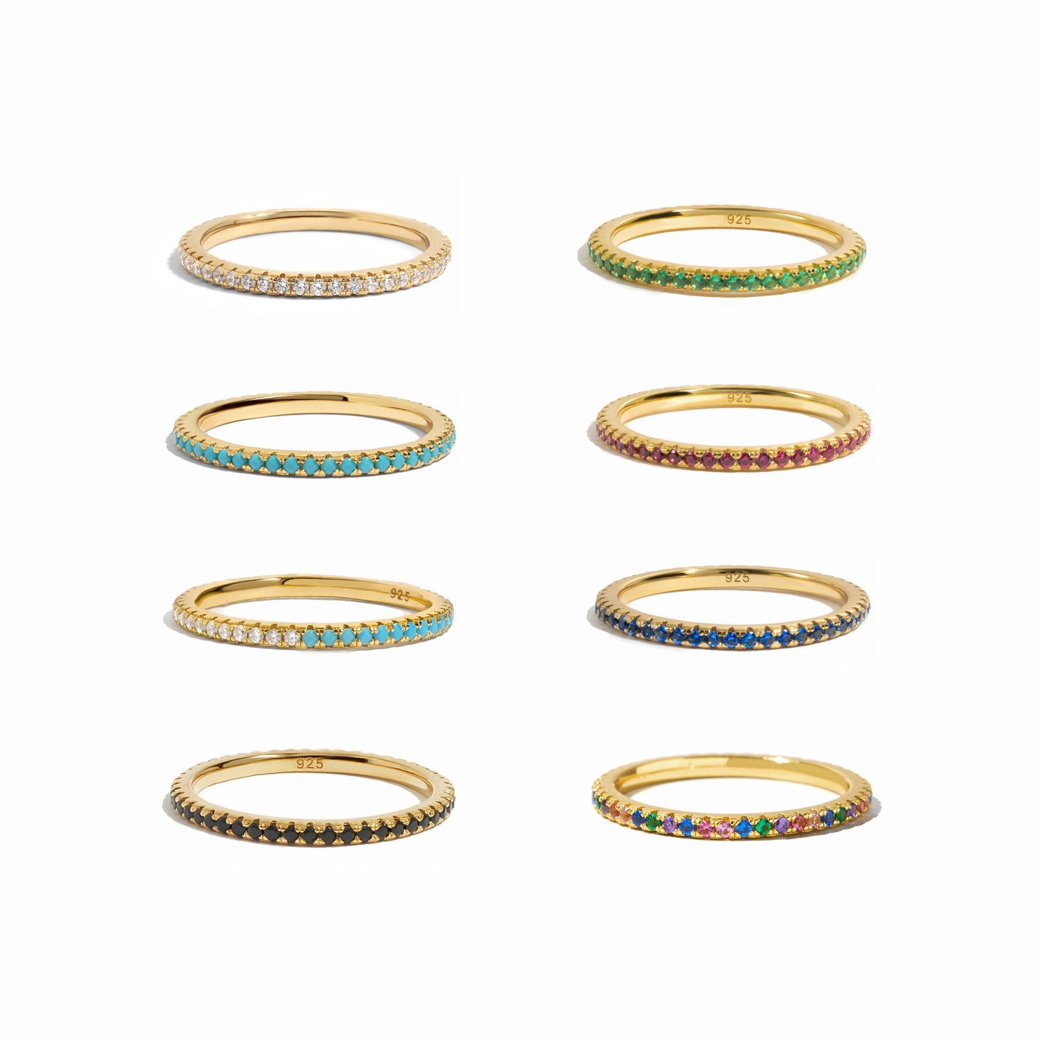 Sami Jewels dainty eternity rings available in multiple stones on a white background
