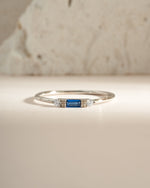 Sterling silver Sapphire Baguette Ring featuring a rectangular blue sapphire gemstone from Sami Jewels.
