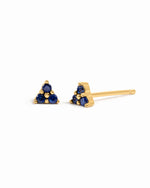 Sami Jewels tiny 3 stone sapphire earrings with gold setting on a white background, showcasing small, elegant stud earrings.