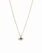 Gold Sapphire Evil Eye Necklace from Sami Jewels featuring a vibrant blue sapphire charm on a delicate chain.