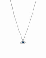 Sterling silver Sapphire Evil Eye Necklace featuring a blue sapphire charm on a delicate chain, displayed against a white background.