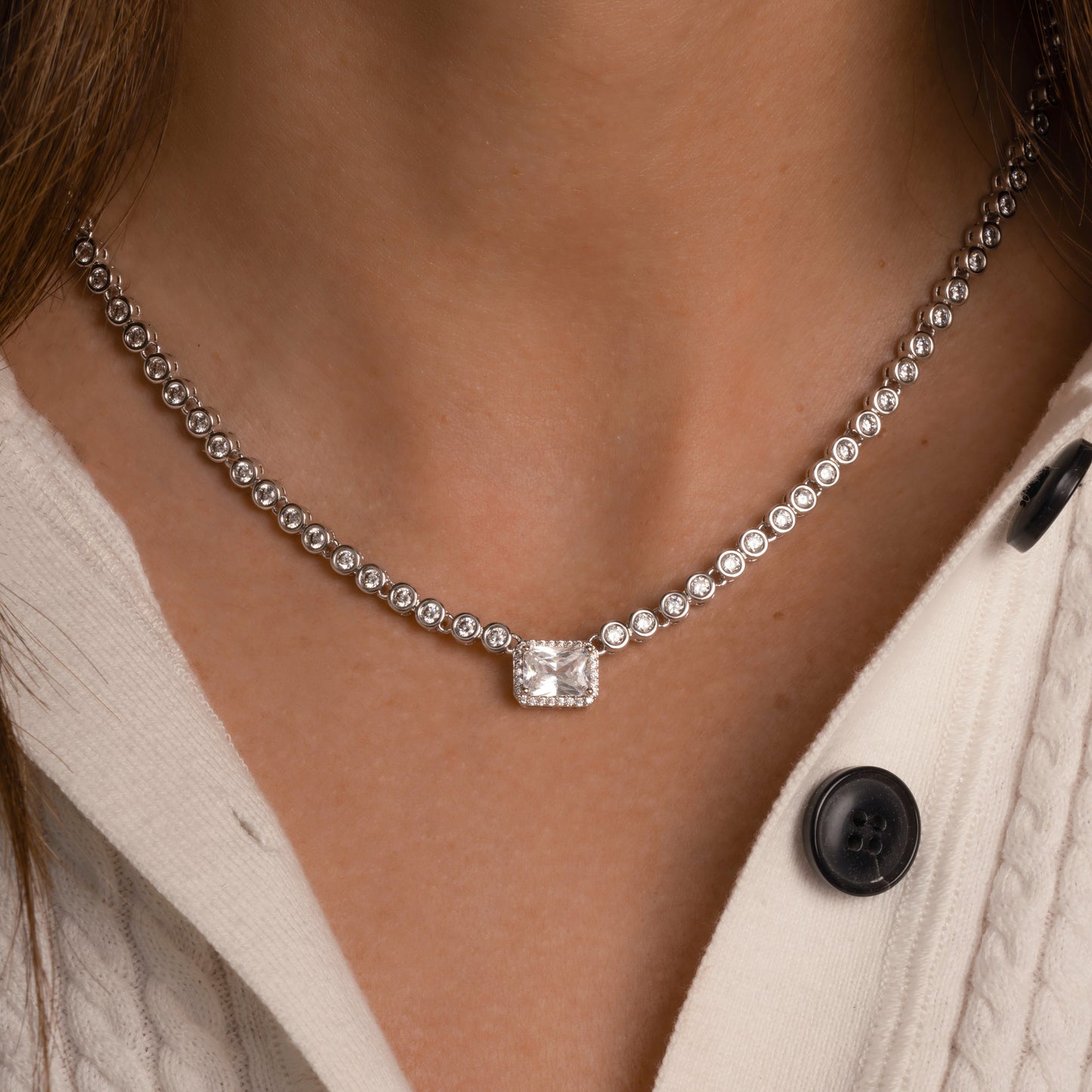 Moissanite tennis necklace in 925 sterling silver worn on model, gift for her