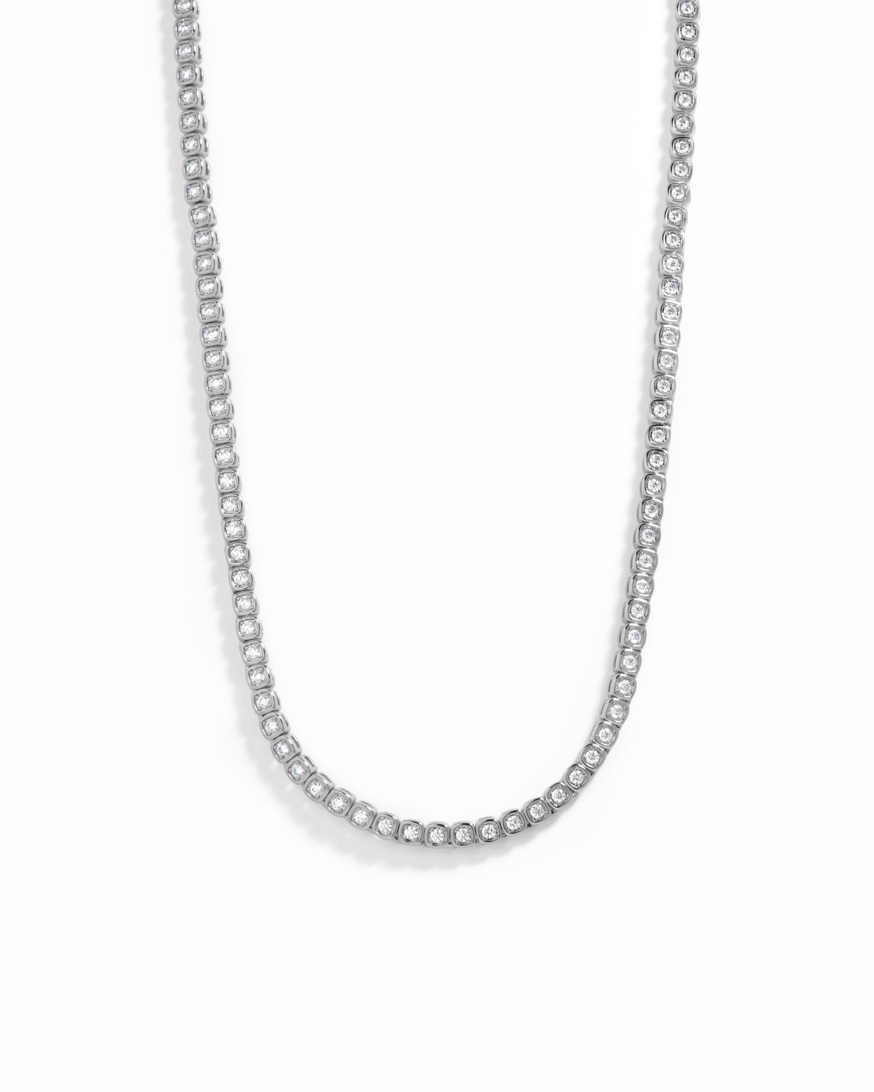 Silver square tennis necklace with diamond accents by Sami Jewels, featuring a cushion design on a white background.