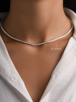 Silver rhodium Square Tennis Necklace by Sami Jewels, 16-inch chain with CZ bezel-set stones, elegant and stylish jewelry piece.