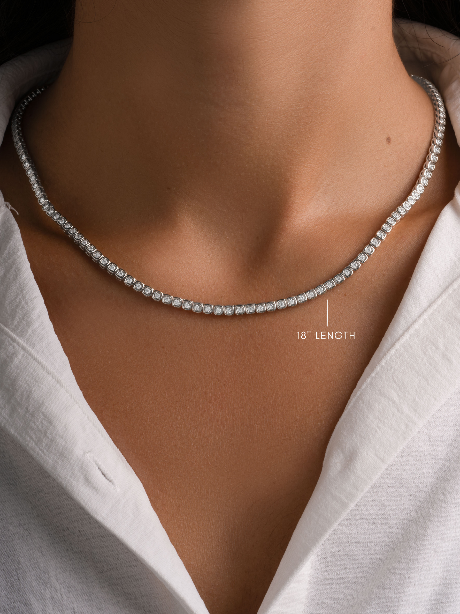 Silver Square Tennis Necklace by Sami Jewels with 18-inch bezel-set cubic zirconia, rhodium-plated, stylish jewelry piece