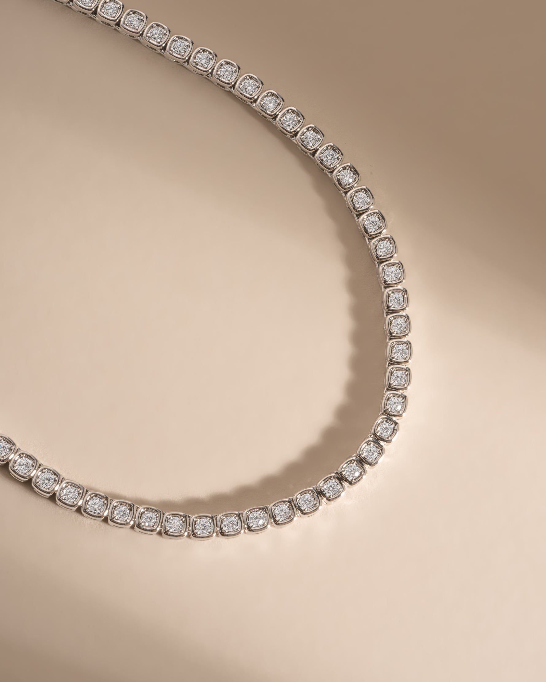 Silver Square Tennis Necklace by Sami Jewels featuring CZ bezel-set cushion-shaped pendants on a sleek chain.