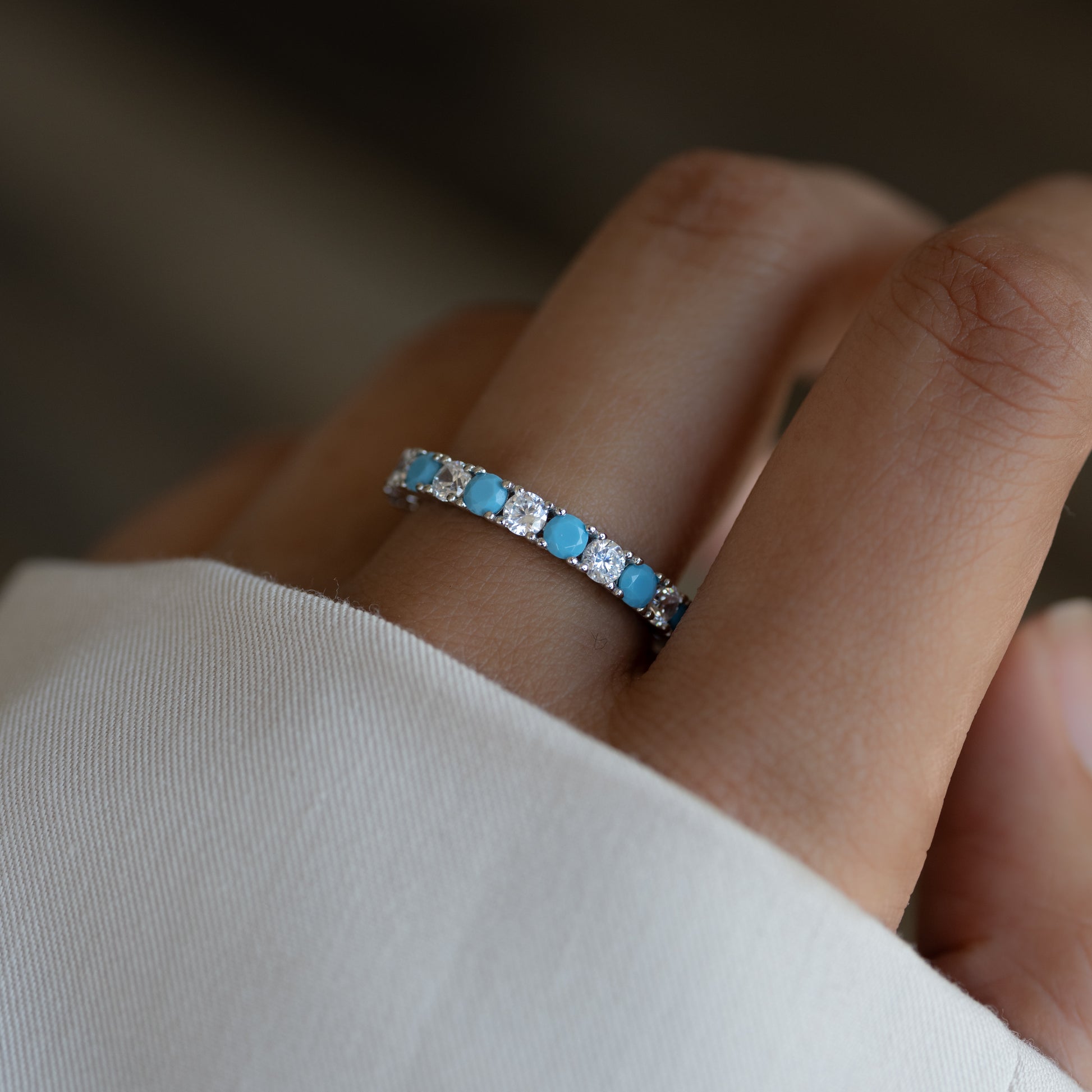 silver diamond and turquoise eternity ring