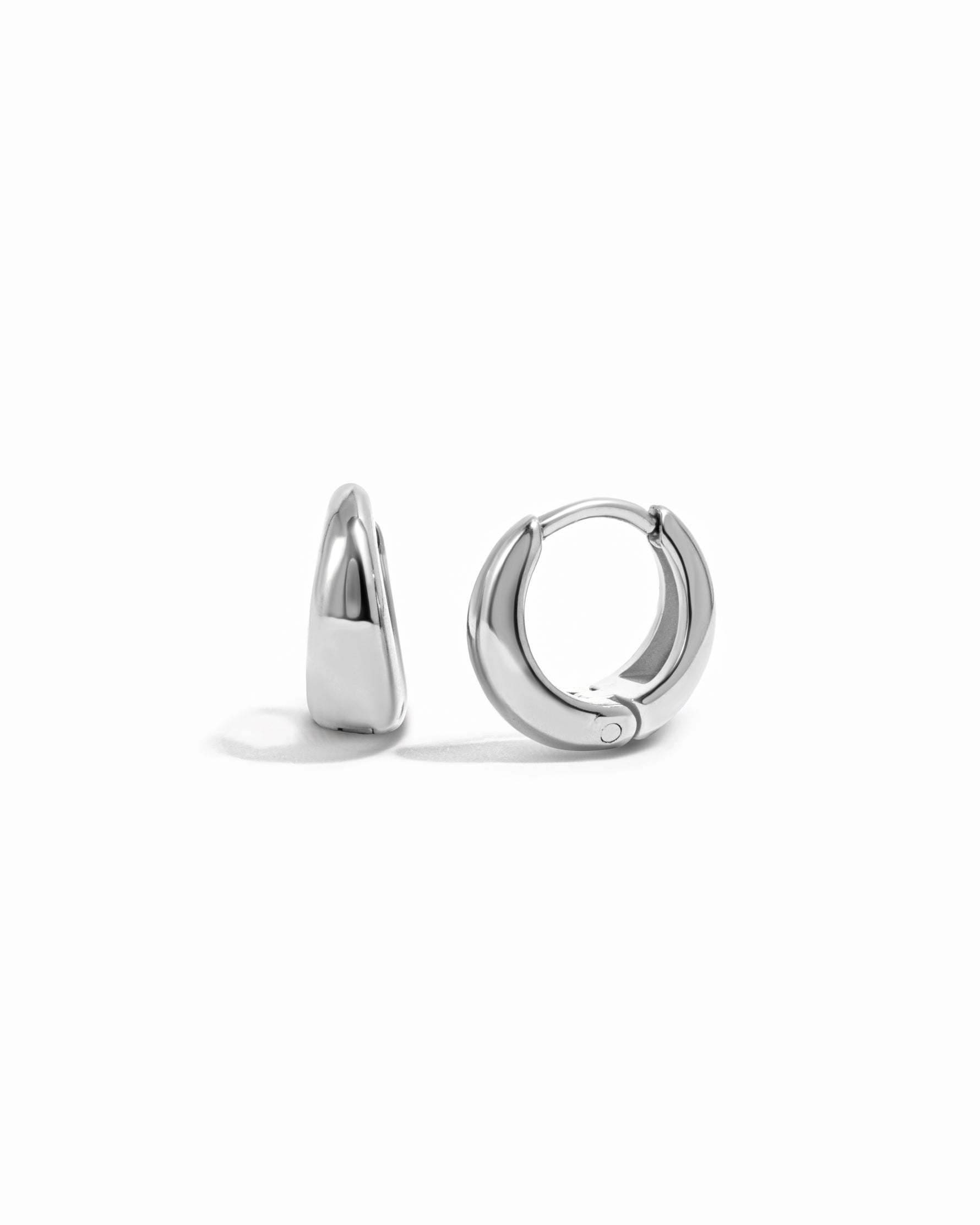 Silver stainless steel SS small hoop earrings by Sami Jewels, showcasing sleek, minimalist design and waterproof finish.