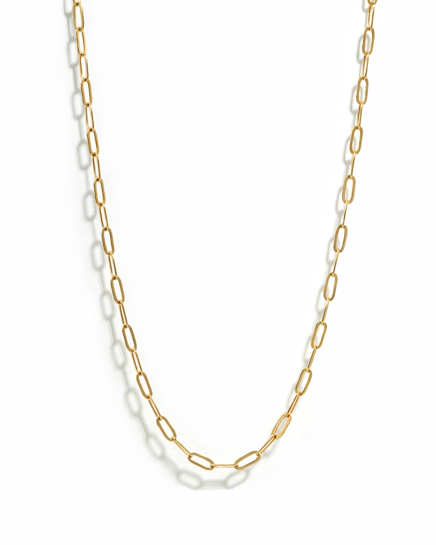 Gold Small Paperclip Necklace from Sami Jewels displayed on a white background, showcasing its sleek, minimalist design.