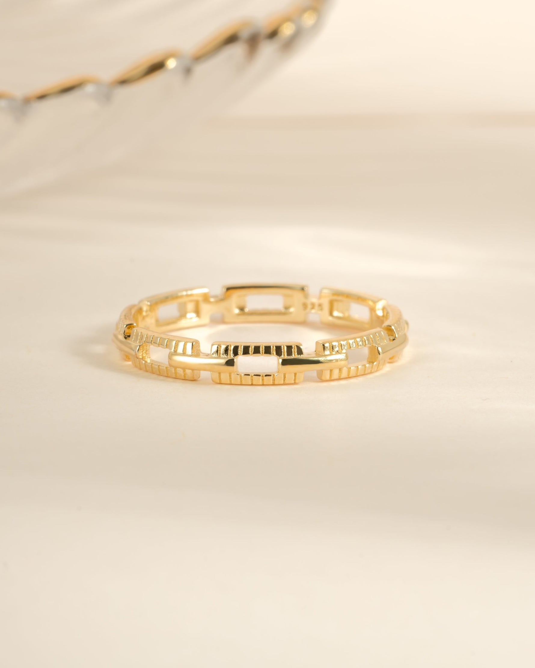 Gold Square Link Ring by Sami Jewels featuring a modern geometric design, front view showing its sleek square link pattern.