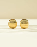 Gold stainless steel SS rounded square statement earrings by Sami Jewels, front view showcasing modern geometric design.