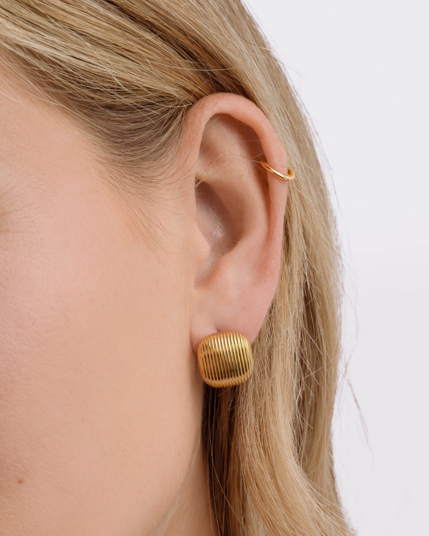 Gold stainless steel SS rounded square statement earrings by Sami Jewels, featuring bold geometric design and waterproof finish.