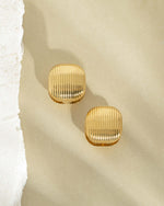 Gold stainless steel SS rounded square statement earrings by Sami Jewels, profile view showing bold geometric design.