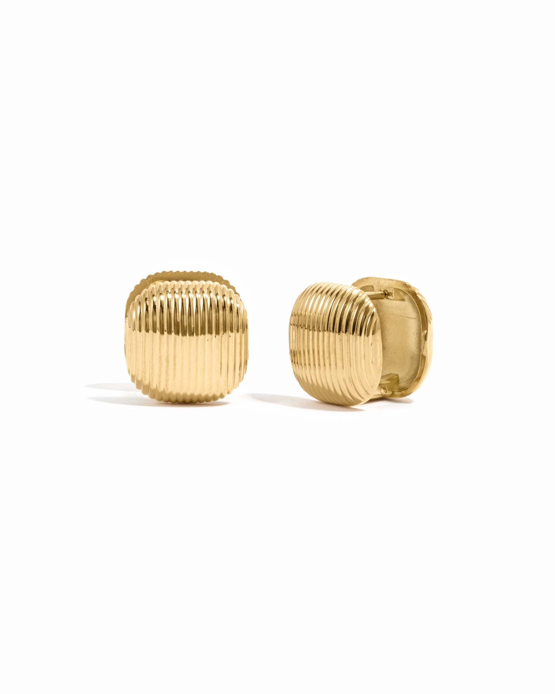 Gold stainless steel SS rounded square statement earrings by Sami Jewels, featuring bold geometric design.