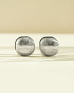 Silver stainless steel SS rounded square statement earrings by Sami Jewels, front view showcasing bold geometric design.