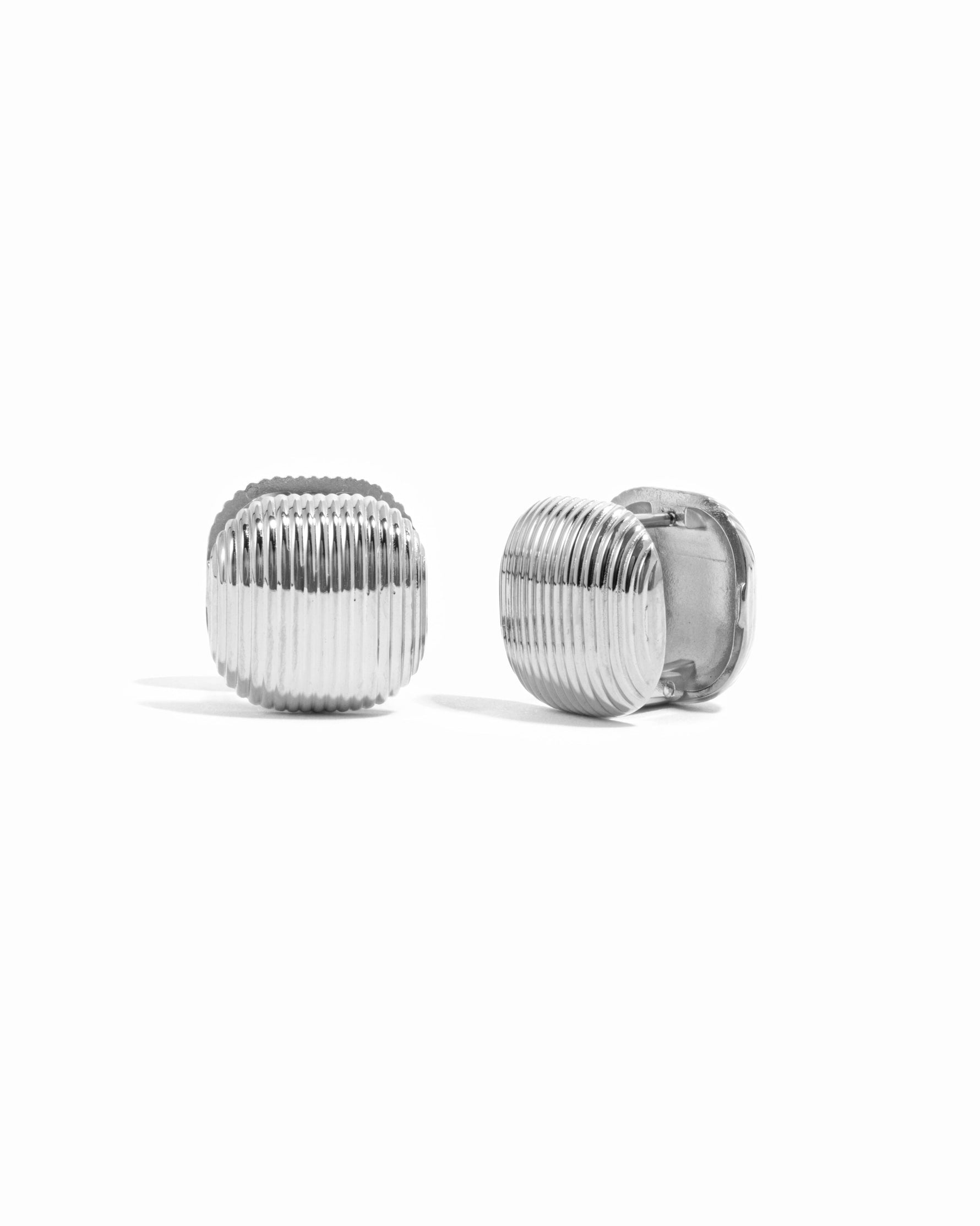 Silver stainless steel SS rounded square statement earrings by Sami Jewels, showcasing modern geometric design.