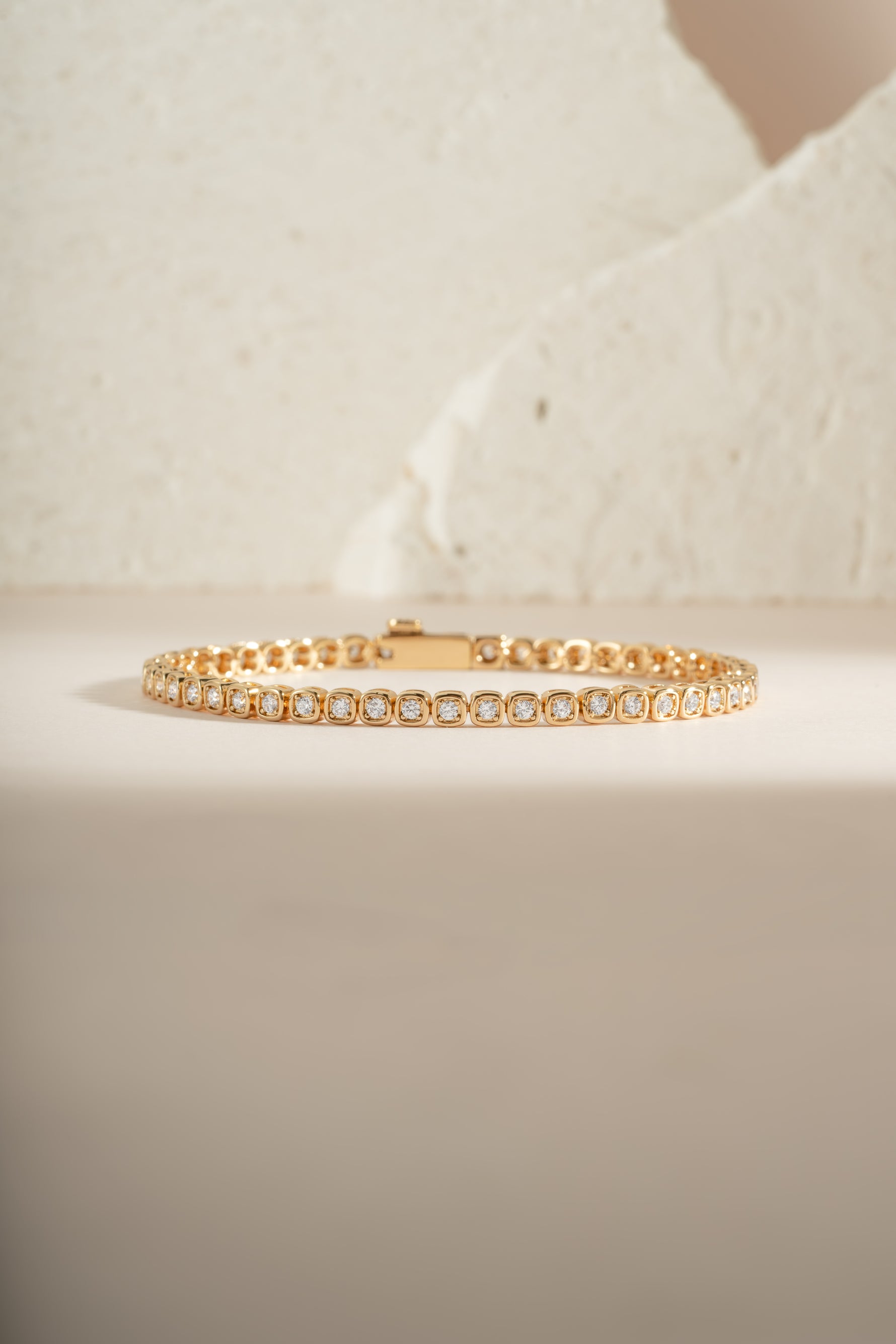 Close-up of Sami Jewels Chloe Tennis Bracelet in gold, showcasing its elegant design and sparkling tennis bracelet style.