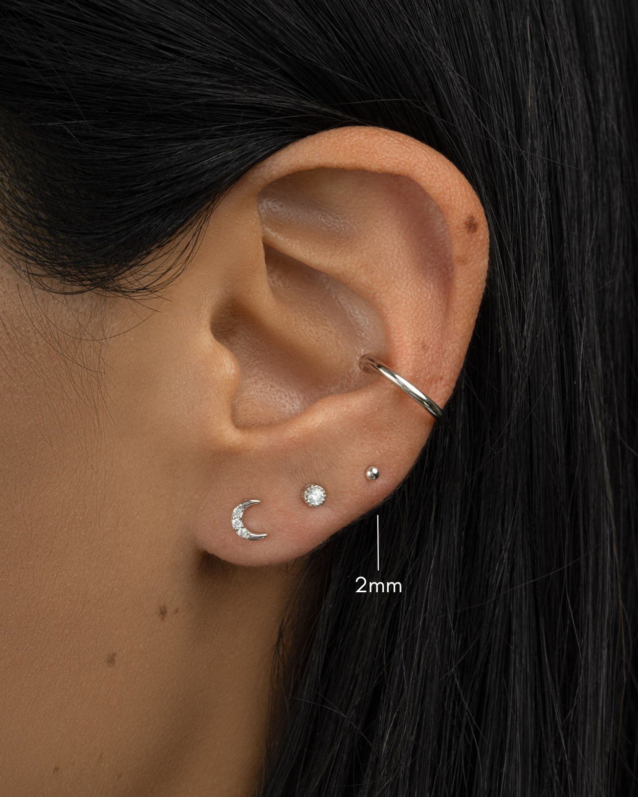 sterling silver 2mm ball stud earring stack on womens ear