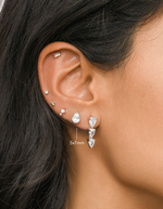 sterling silver diamond pear stud earring in second hole piercing on womens ear 