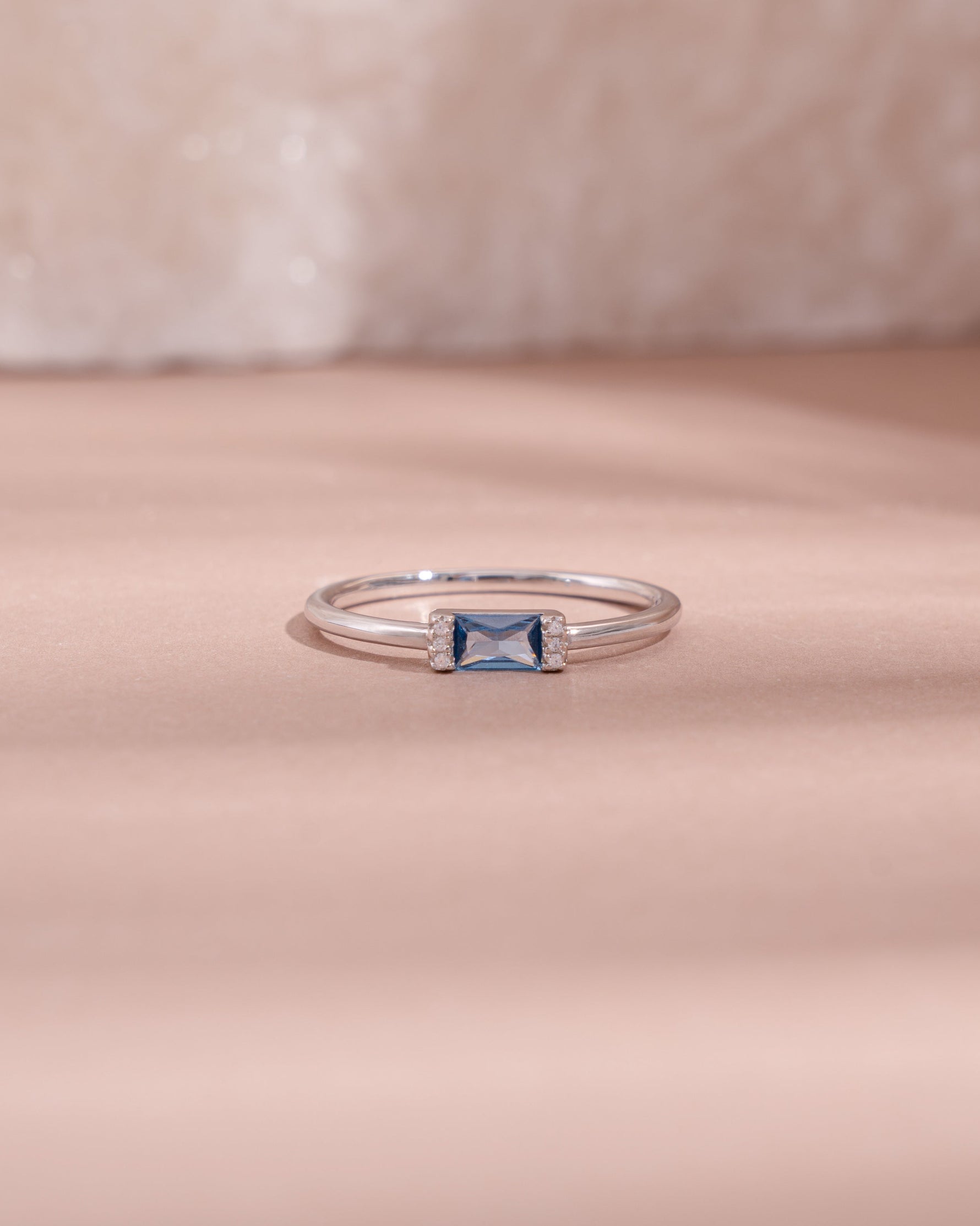 Sterling silver aquamarine baguette ring with diamond accents, simple elegant jewelry by Samijewels-527.
