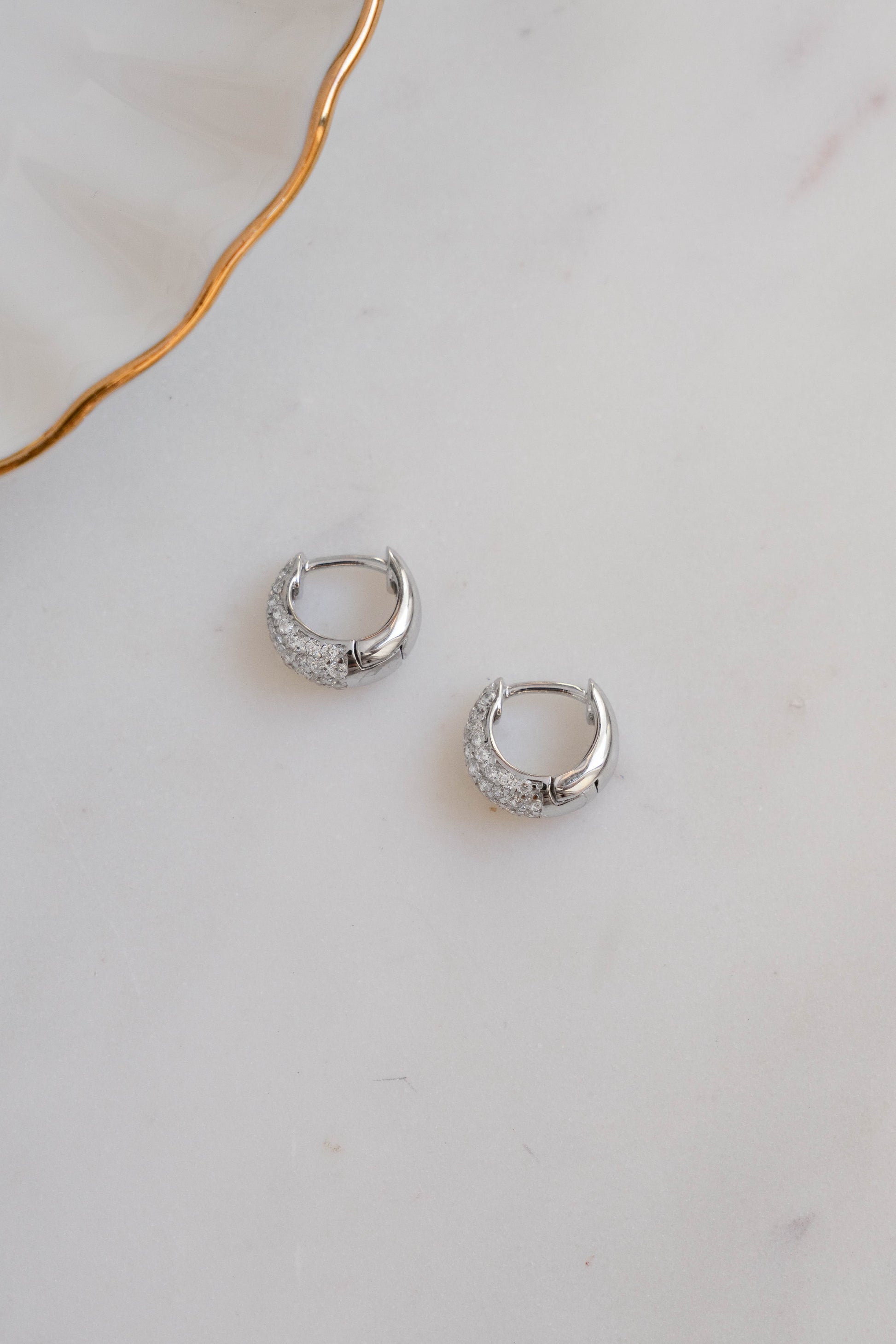 Silver diamond hoop earrings with tiny pave diamonds, gift for her