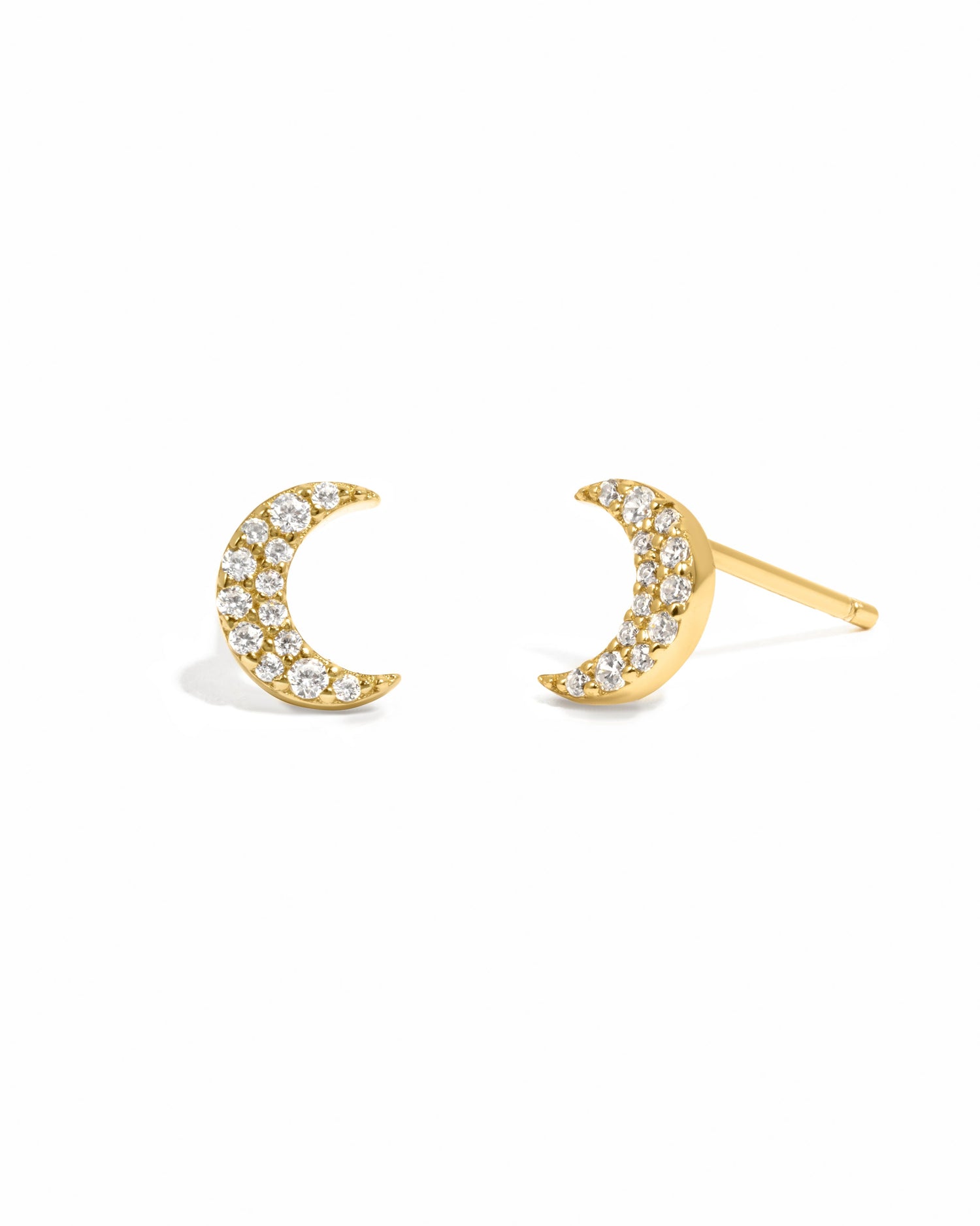 Gold studded moon earrings from Sami Jewels with a simple white background, showcasing their celestial design and shiny finish.