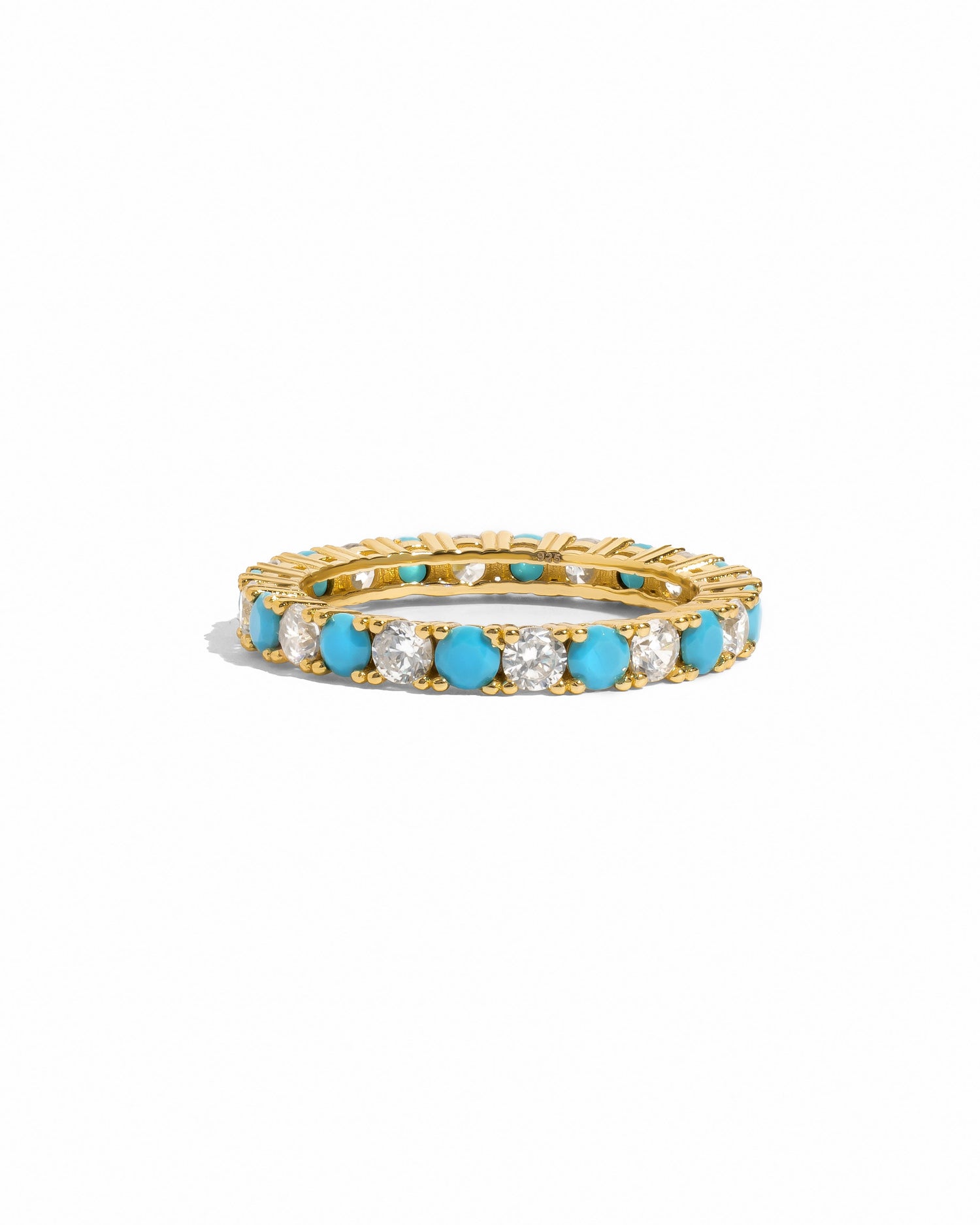 Gold 3mm studded turquoise eternity ring by Sami Jewels, showcasing a continuous row of turquoise stones on a plain white background.