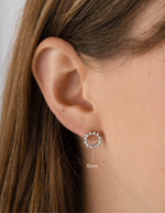 Sterling silver 10mm sunburst diamond stud earrings by Sami Jewels, featuring a radiant sunburst design with sparkling diamonds.