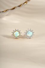 Gold and sterling silver Sunburst Opal Halo Stud Earrings by Sami Jewels featuring radiant opal centers and intricate halo design.