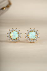 Gold Sunburst Opal Halo Stud Earrings by Sami Jewels, front view showcasing sparkling opal centers and intricate halo design.