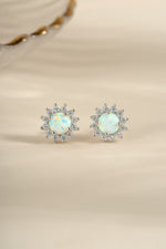Sterling silver Sunburst Opal Halo Stud Earrings by Sami Jewels, showcasing vibrant opal gemstones with a halo design.