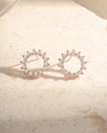 Rose gold 15mm Sunburst Stud Earrings by Sami Jewels featuring a radiant, textured sunburst design.