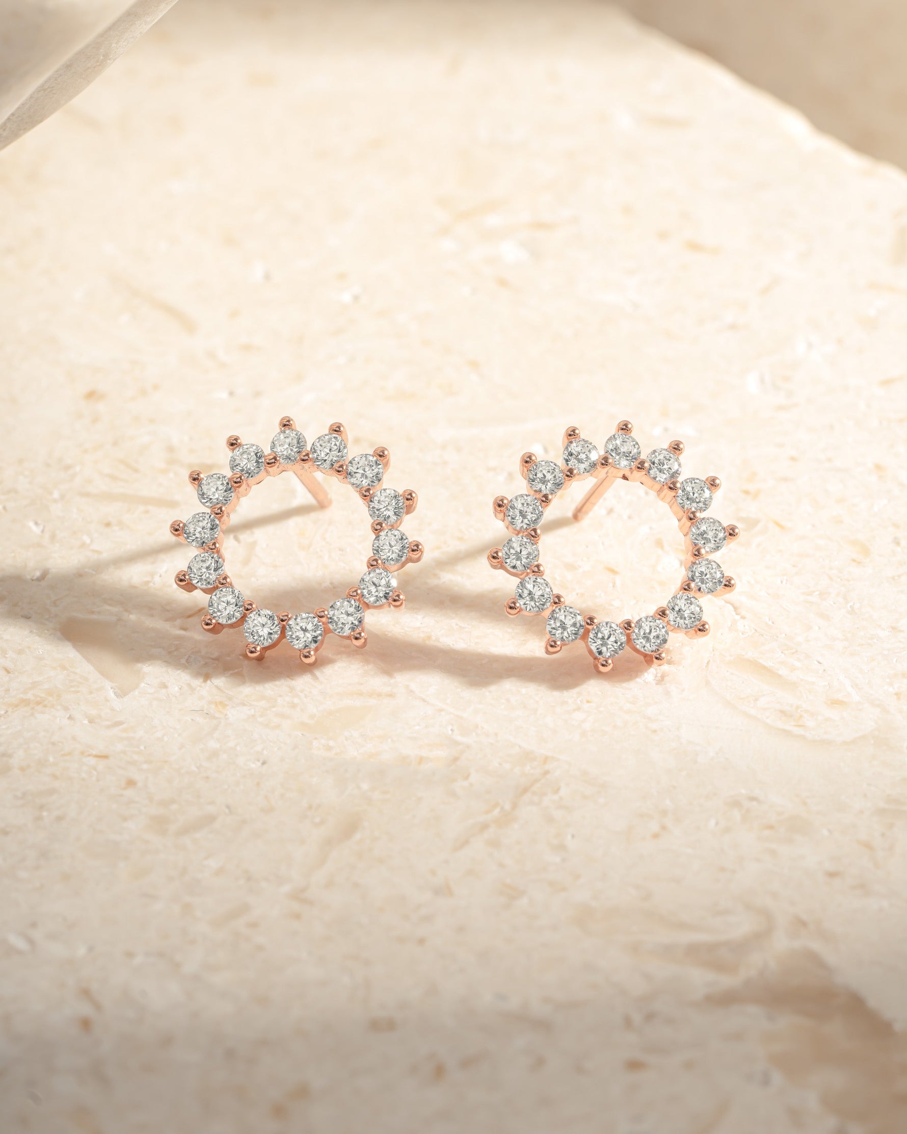 Rose gold 15mm Sunburst Stud Earrings by Sami Jewels featuring a radiant, textured sunburst design.