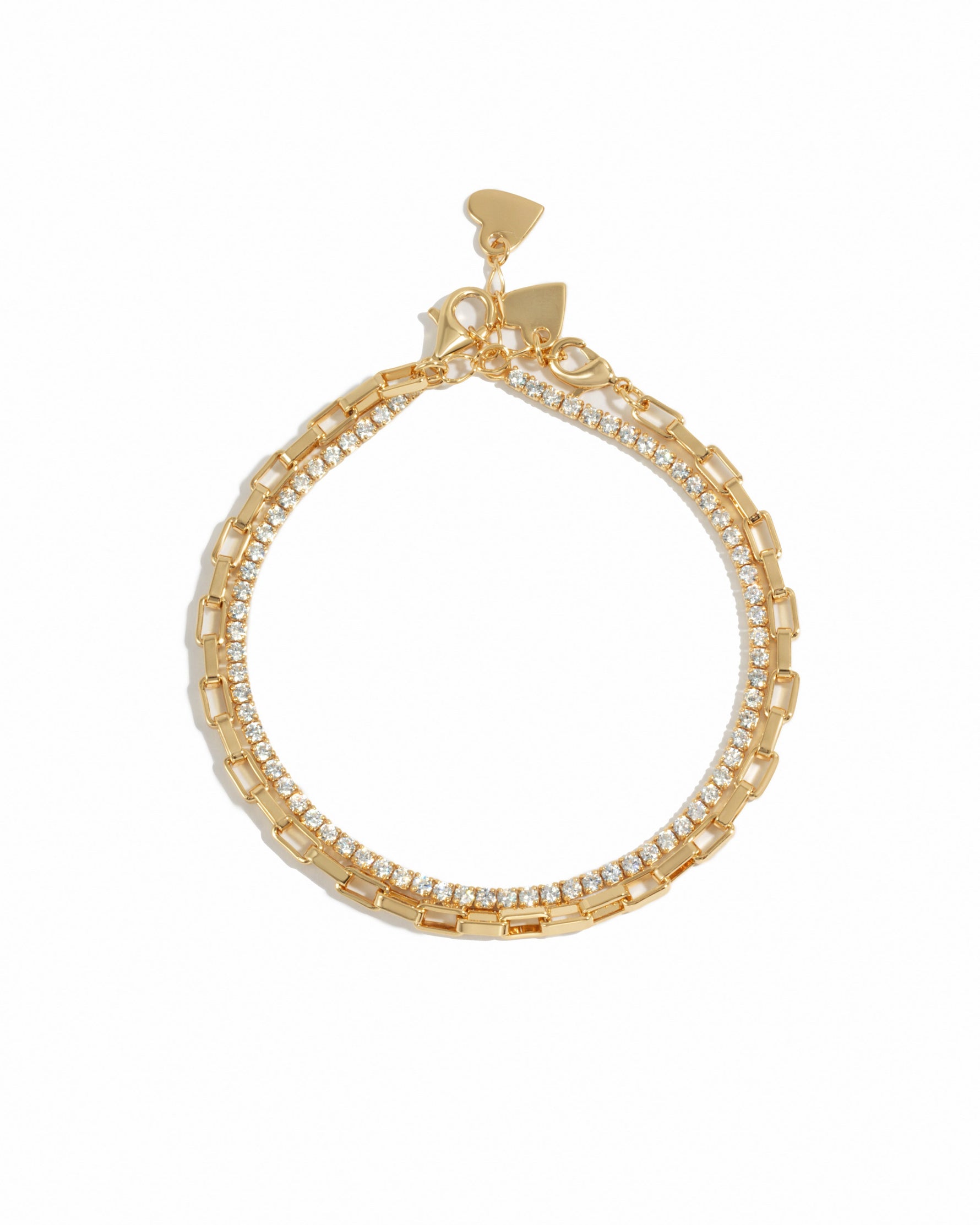 Gold tennis and paperclip bracelet set by Sami Jewels displayed on a white background, showcasing elegant jewelry design.