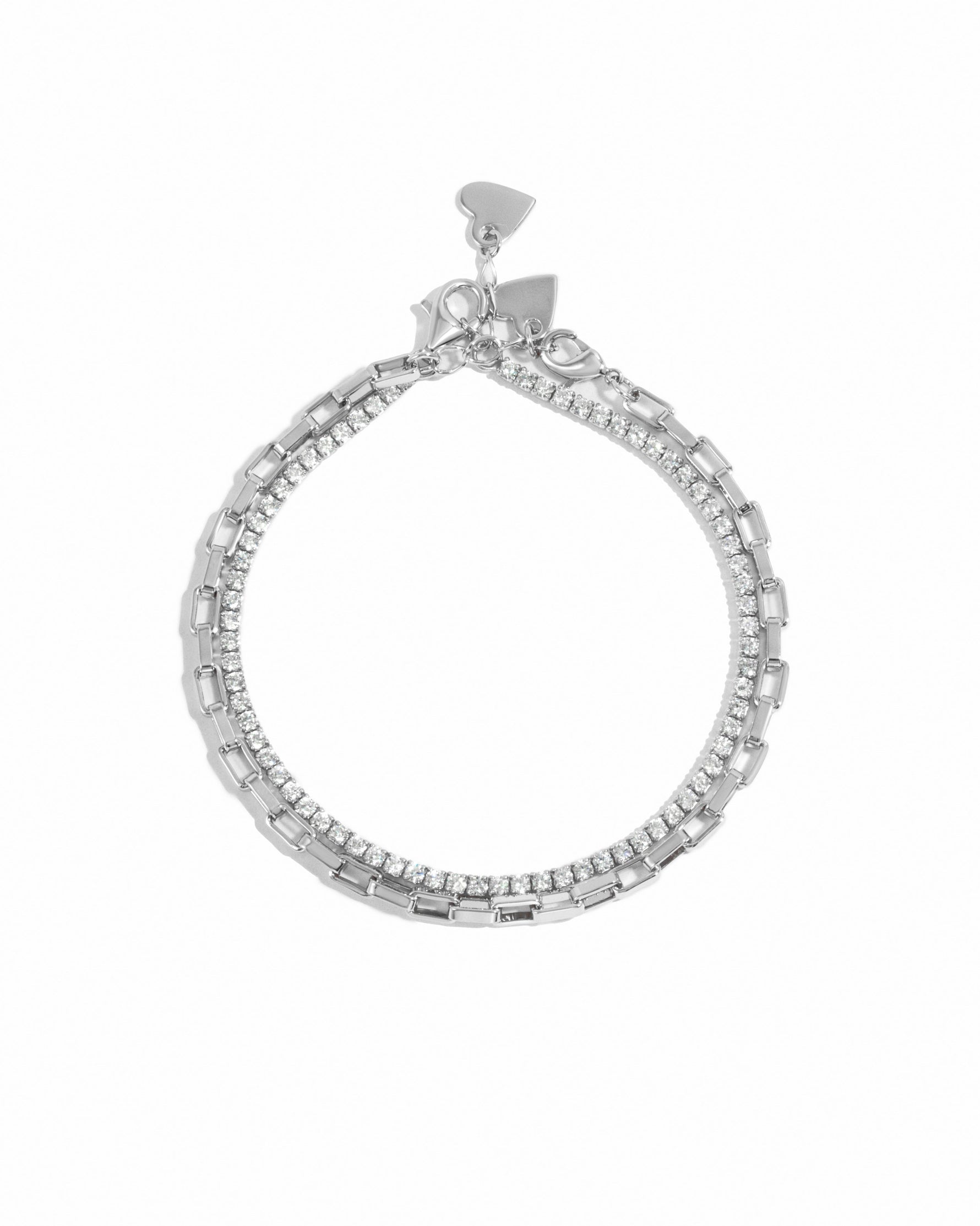 Sterling silver tennis and paperclip bracelet set by Sami Jewels displayed on a white background.