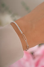 Sterling silver tennis and paperclip bracelet by Sami Jewels featuring sleek, modern design with polished links.