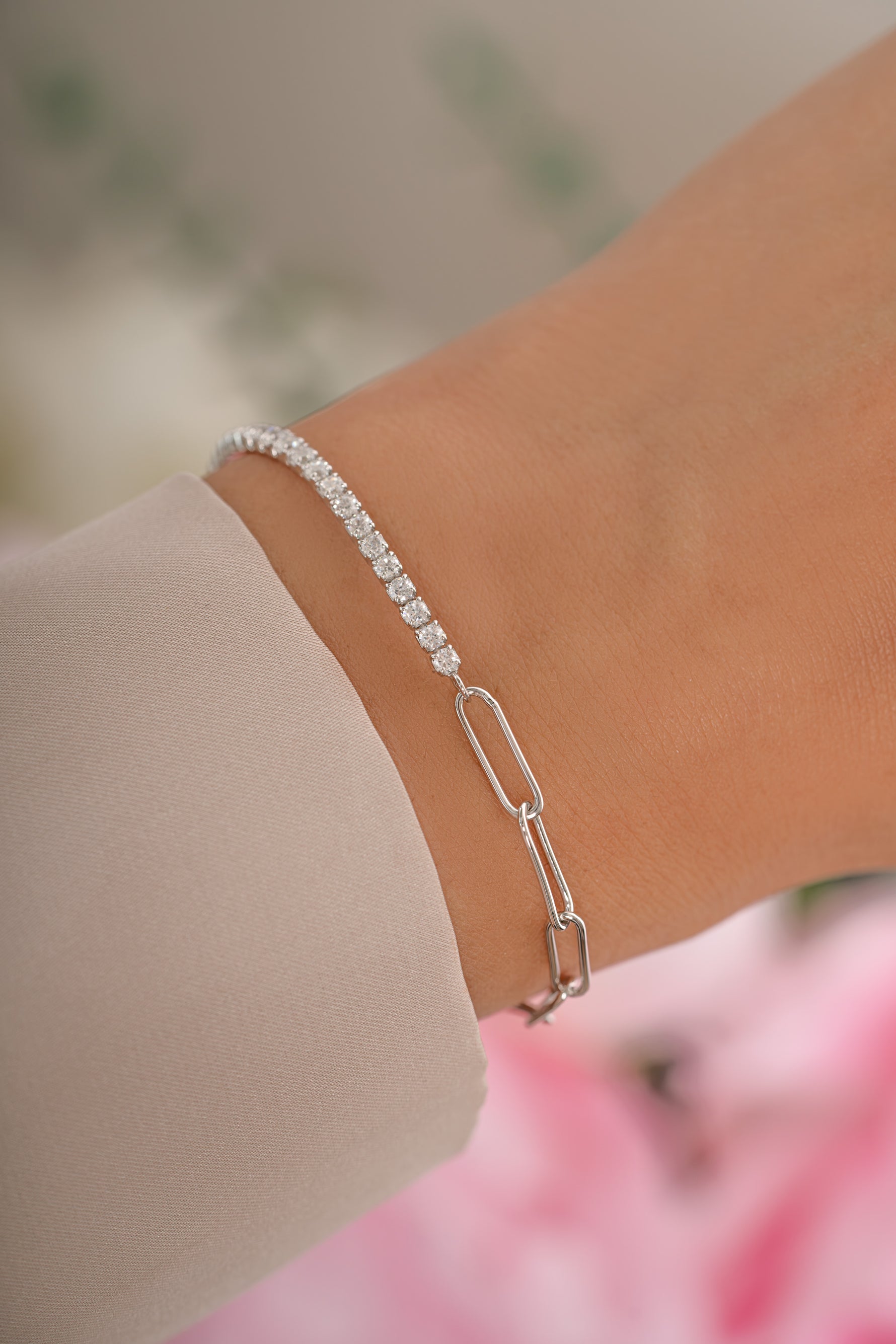 Sterling silver tennis and paperclip bracelet by Sami Jewels featuring sleek, modern design with polished links.