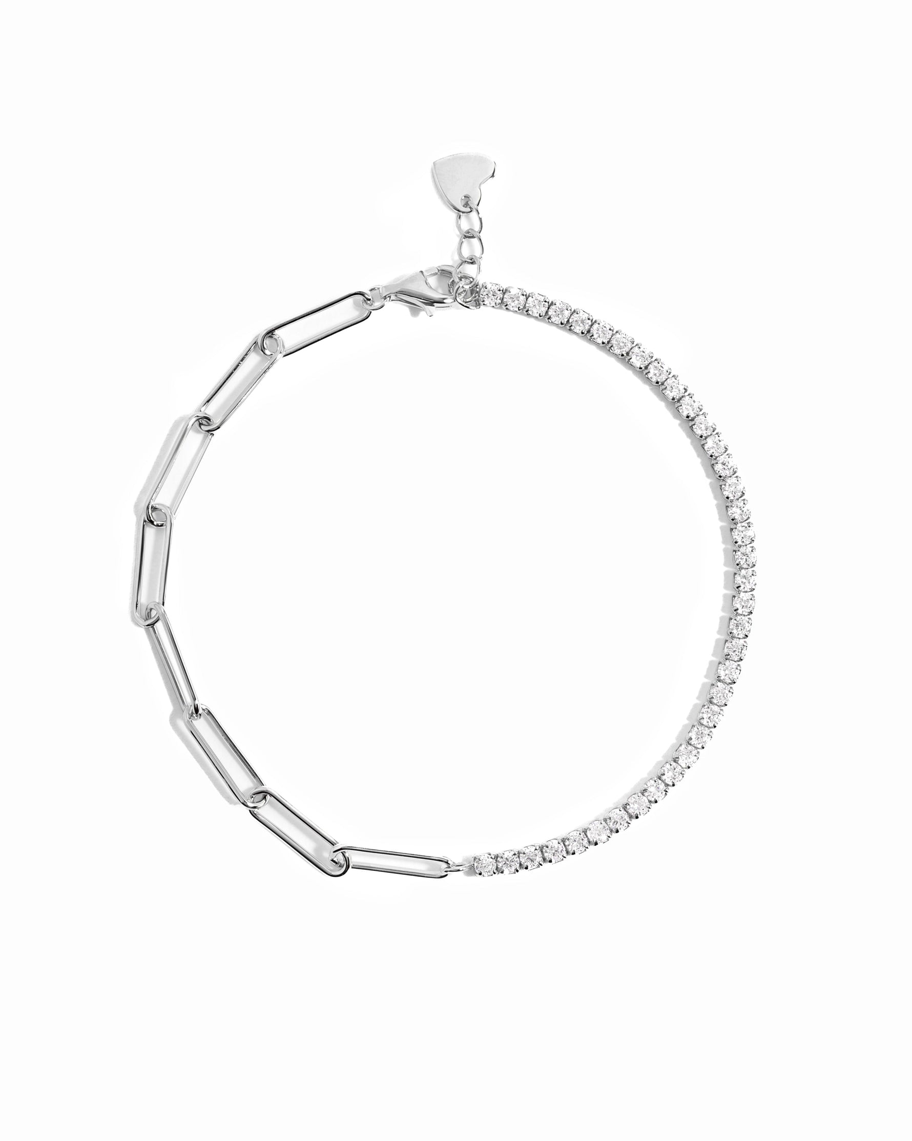 Sterling silver Tennis and Paperclip Bracelet by Sami Jewels displayed on a white background.