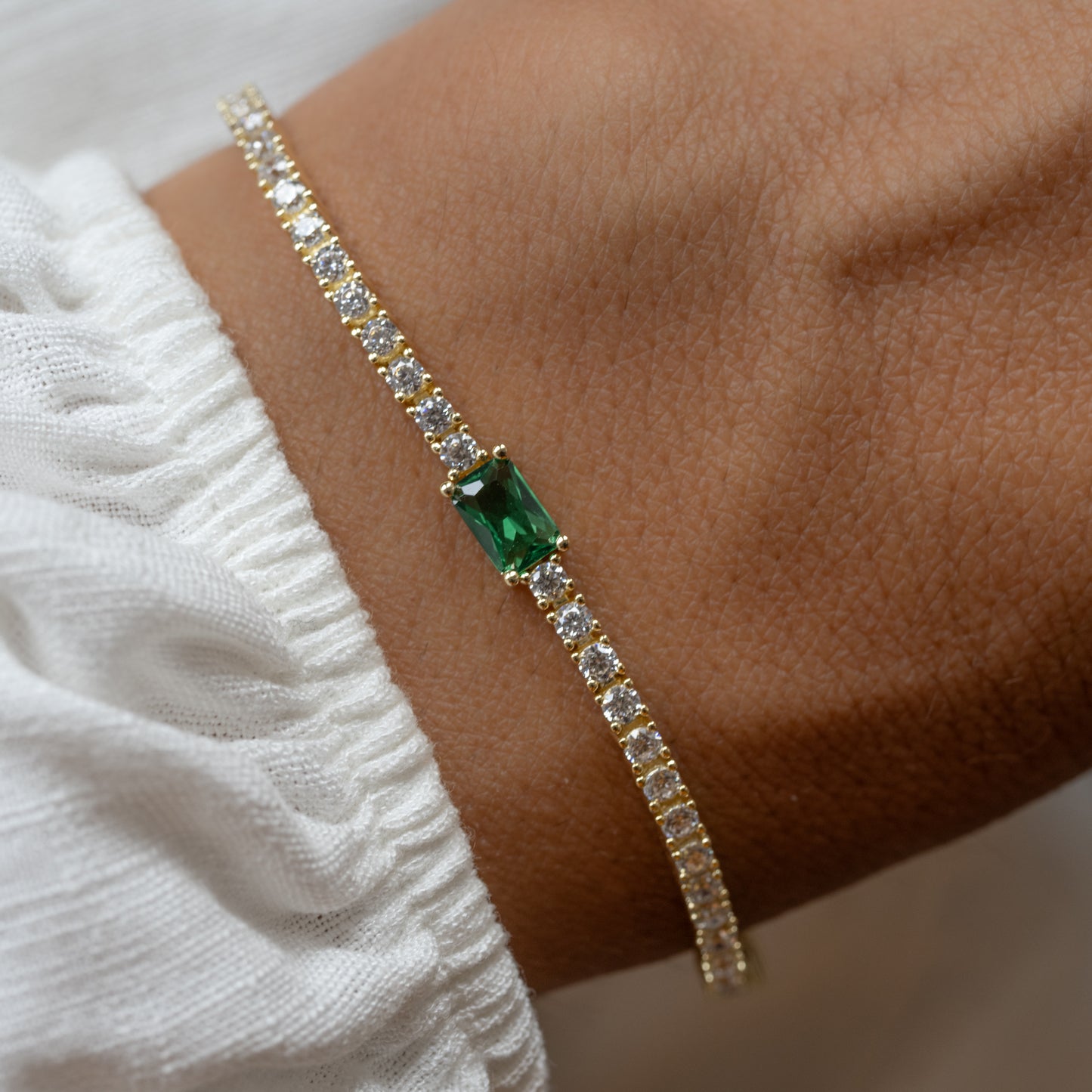 Tennis Bracelet with Emerald Baguette Charm