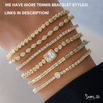 image showcasing various tennis bracelet styles we offer including, round bezel, marquise shaped, classic prong, emerald cut, baguette set, and a round bezel charm tennis bracelets 