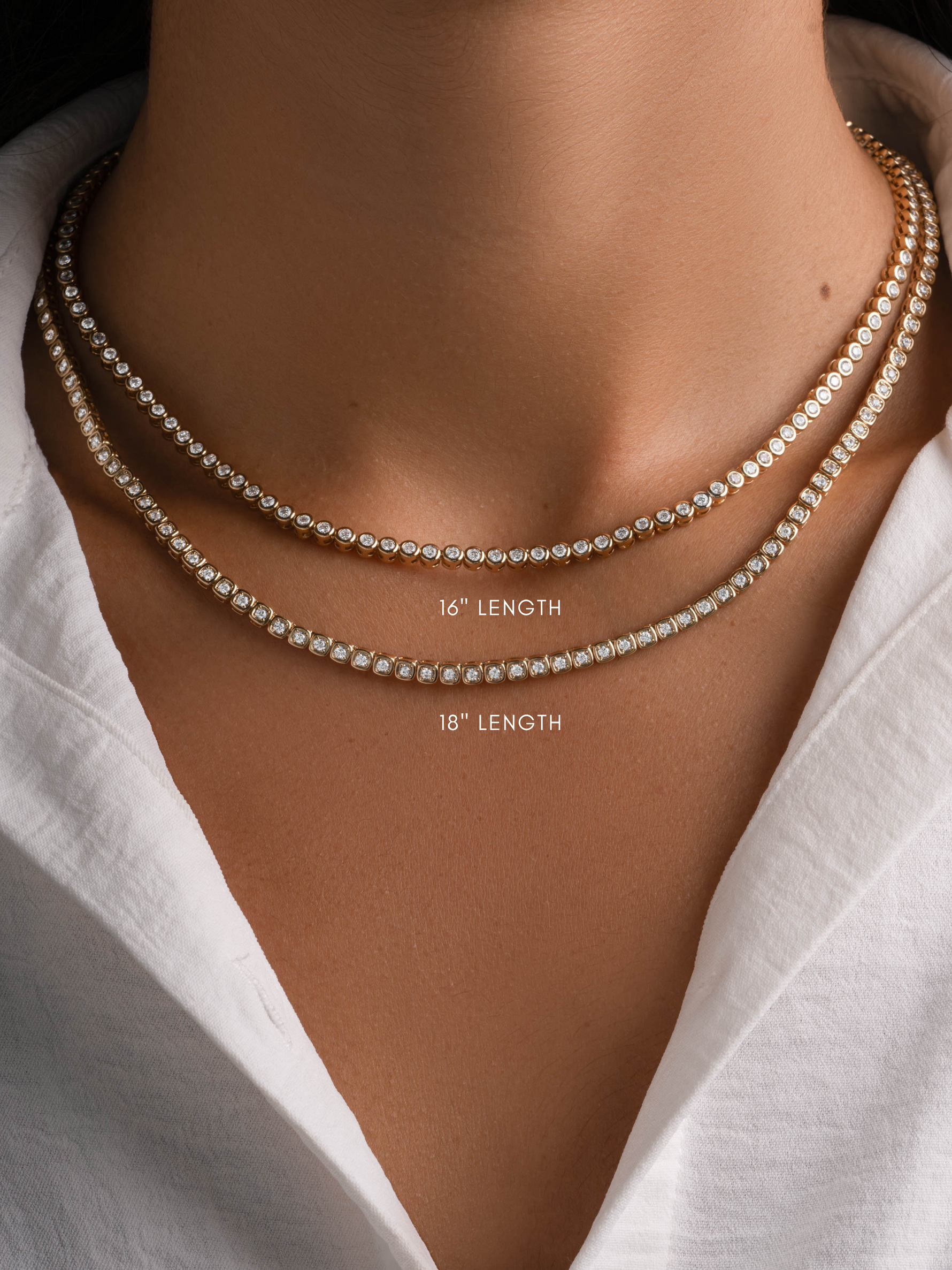 Gold Square Tennis Necklace by Sami Jewels, 16-18 inch length comparison, showcasing the elegant jewelry design and adjustable fit.