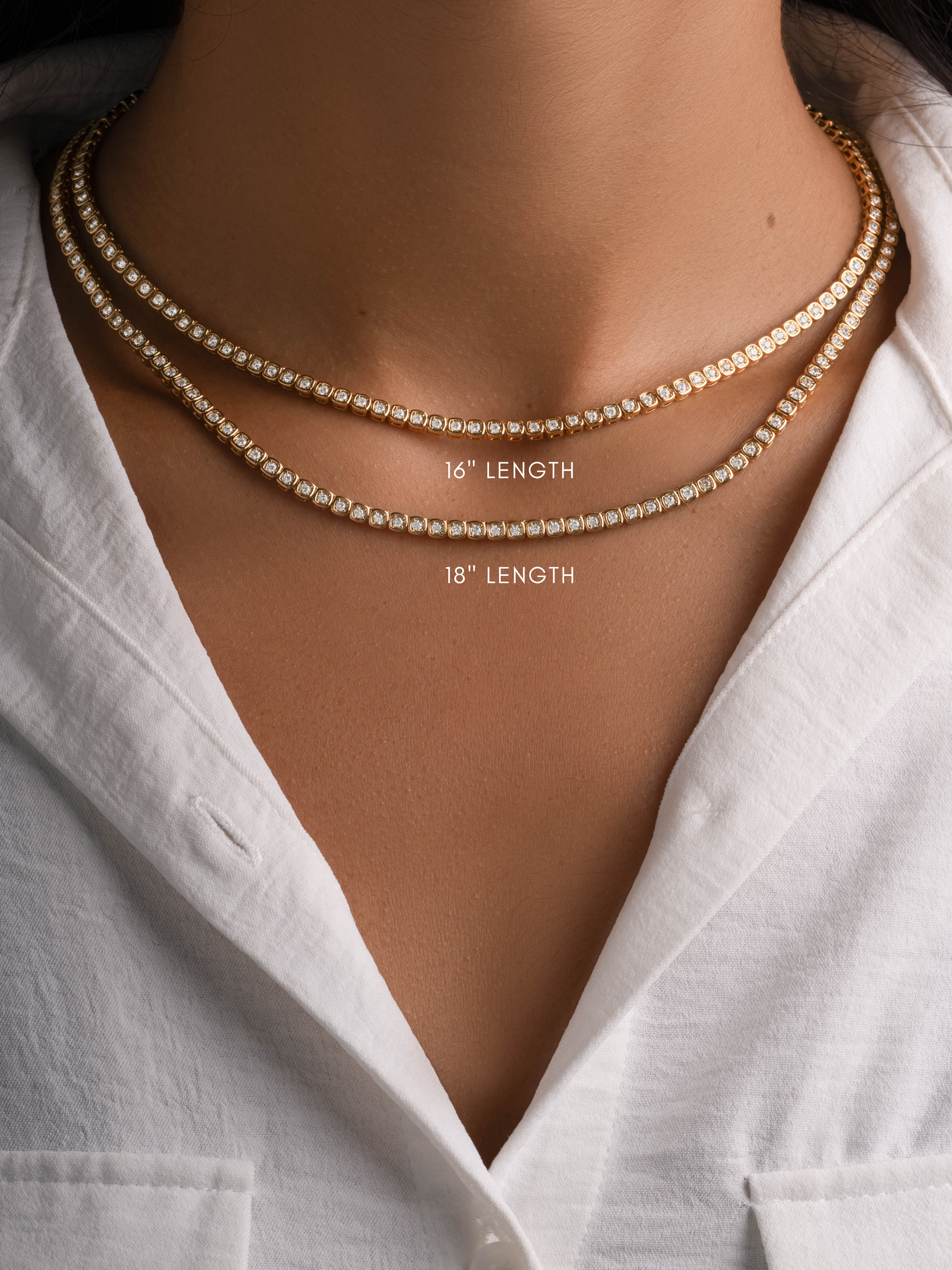Sami Jewels Chloe Tennis Necklace in gold, 16-18 inch length, with sparkling chain and secure clasp, displayed against a neutral background.