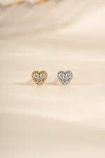 Sterling silver and gold Tiny Heart CZ Stud Earrings by Sami Jewels featuring small sparkling heart-shaped cubic zirconia.